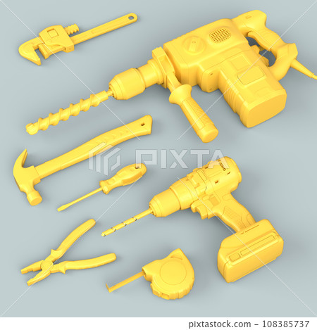 Top view of monochrome construction tools for repair on grey background Top view of monochrome construction tools for repair on grey background 108385737