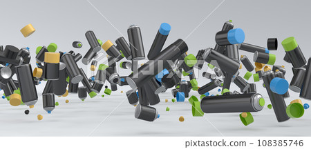 Lots of flying spray paint cans on white background. Spray bottle and dispenser 108385746