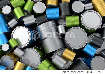 Pile of spray paint cans on black background. Spray bottle and dispenser Pile of spray paint cans on black background. Spray bottle and dispenser 108385753