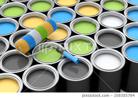 Set of open metal can or buckets of paint in row pattern on white background. Set of open metal can or buckets of paint in row pattern on white background. 108385764