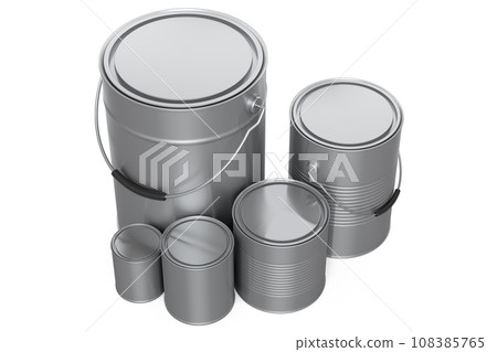 Set of metal can or buckets of paint in row pattern on white background. Set of metal can or buckets of paint in row pattern on white background. 108385765