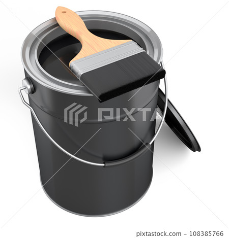 Open metal can or buckets with paint bristle brush on white background. 108385766