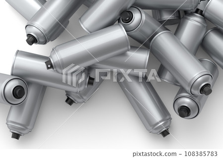 Lots of flying spray paint cans on white background. Spray bottle and dispenser 108385783