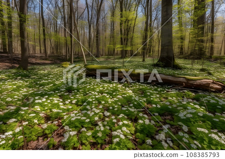 Spring landscape in the forest with white flowers. Neural network AI generated art 108385793