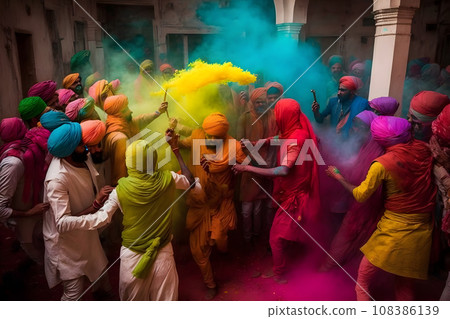 colored powder fired up, holi celebration. Neural network AI generated art 108386139