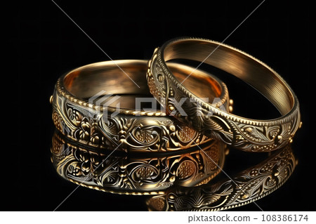 Original gold wedding rings on a dark background. Neural network AI generated art 108386174