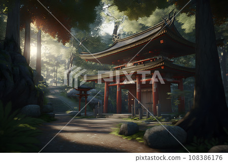 sunset with ancient Chinese gate. Neural network AI generated art 108386176