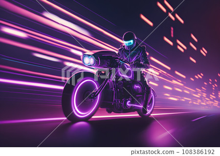 Futuristic biker on a retrowave sunset with a glitch and high-speed effect. Neural network AI generated art Futuristic biker on a retrowave sunset with a glitch and high-speed effect. Neural network AI generated art 108386192