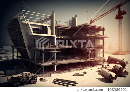 architects model house with plan and blueprints. Neural network AI generated art 108386201