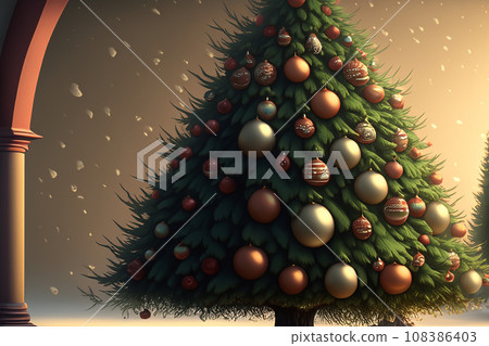 Christmas tree. Christmas 2023. Merry Christmas and New Year 2024. Greeting card design and sale banner with realistic composition of objects. Magic glowing tree, fireplace and gifts. Illustration. 108386403
