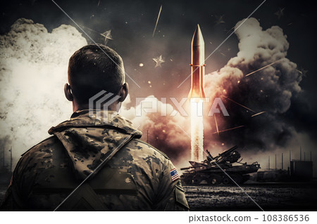 Soldier in front of a ballistic missile launch. Neural network AI generated art 108386536