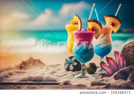Cocktails by the sea. Summer beach mood. Neural network AI generated art 108386571