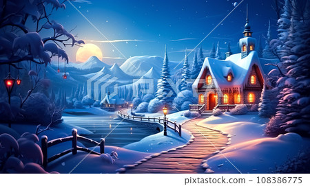 Festive xmas illustrative style magic night scene 108386775