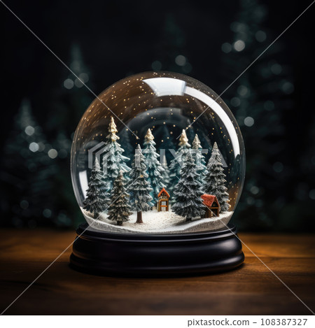 Ai generation. Snow globe with christmas trees on dark background. Christmas concept. Ai generation. Snow globe with christmas trees on dark background. Christmas concept. 108387327