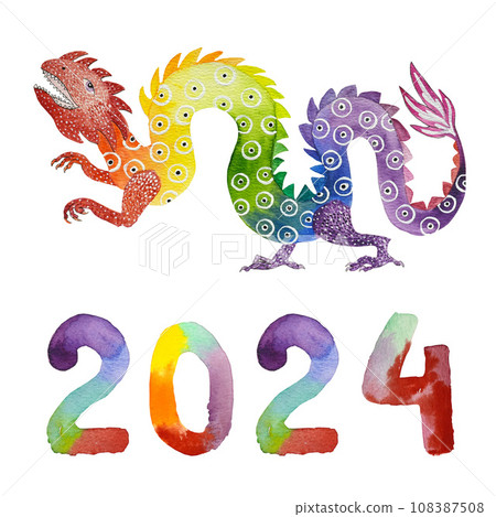 watercolor illustration rainbow dragon 2024. Hand painted New Year card on white background. 108387508