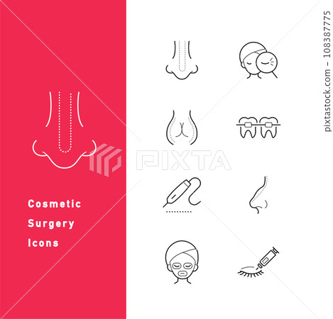 A set of icon illustrations (line drawings) related to cosmetic surgery, petit plastic surgery, and cosmetic surgery. A set of icon illustrations (line drawings) related to cosmetic surgery, petit plastic surgery, and cosmetic surgery. 108387775