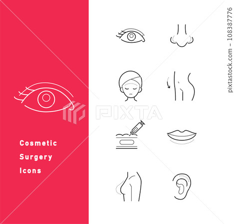 A set of icon illustrations (line drawings) related to cosmetic surgery, petit plastic surgery, and cosmetic surgery. 108387776