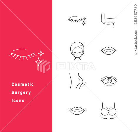 A set of icon illustrations (line drawings) related to cosmetic surgery, petit plastic surgery, and cosmetic surgery. A set of icon illustrations (line drawings) related to cosmetic surgery, petit plastic surgery, and cosmetic surgery. 108387780