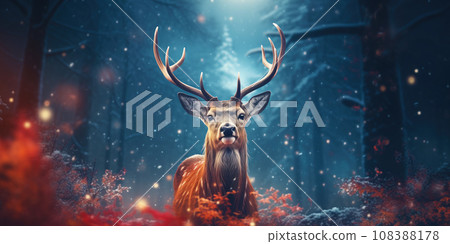 Noble deer in winter forest. Autumn scene with reindeer. Snowy winter christmas landscape 108388178