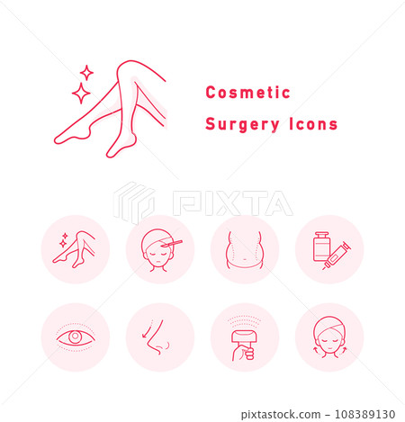 A set of icon illustrations (circular, color) related to cosmetic surgery, petit plastic surgery, and cosmetic surgery. 108389130