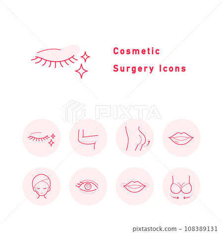 A set of icon illustrations (circular, color) related to cosmetic surgery, petit plastic surgery, and cosmetic surgery. 108389131
