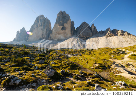 Amazing three Picks of Lavaredo in Italian Dolomites near Cortina D'Ampezzo. Sunny summer day with blue sky 108389211