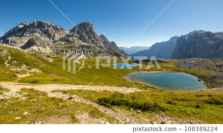 Natural lakes Bodenseen surrounded by rocky mountains in Sexten Dolomites Natural lakes Bodenseen surrounded by rocky mountains in Sexten Dolomites 108389224