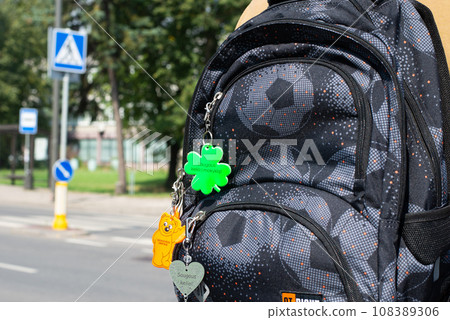 Boy with backpack going to school near street with reflector near pedestrian subway, Lithuania, Kaunas Boy with backpack going to school near street with reflector near pedestrian subway, Lithuania, Kaunas 108389306