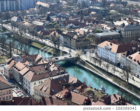Panoramic cityscape of Ljubljana, capital of Slovenia. View from medieval castle. Panoramic cityscape of Ljubljana, capital of Slovenia. View from medieval castle. 108389341