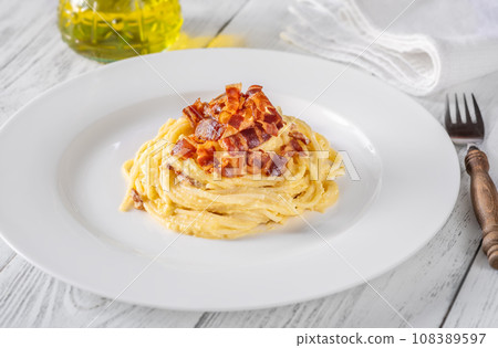 Portion of carbonara pasta Portion of carbonara pasta 108389597