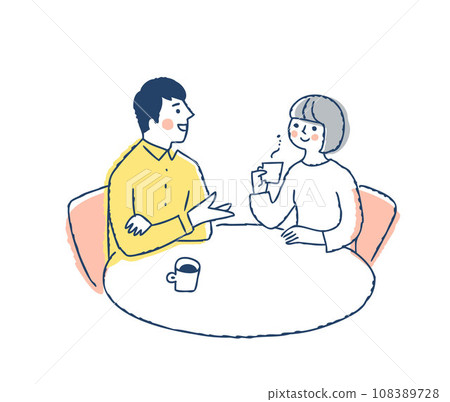 微笑的年輕夫妻在桌邊聊天 108389728