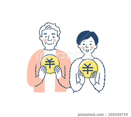 Senior couple smiling and holding a ¥ coin Senior couple smiling and holding a ¥ coin 108389734