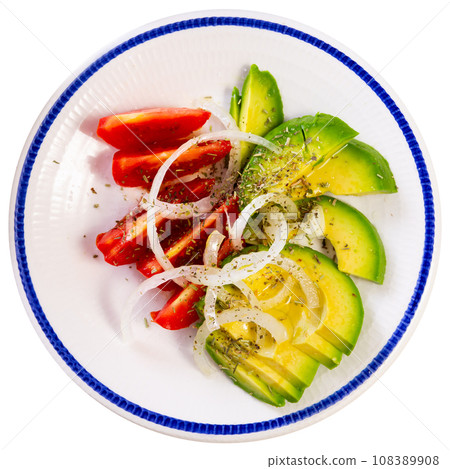 Olives, bread and glass of red wine are served with salad of red tomatoes, avocado and white onions Olives, bread and glass of red wine are served with salad of red tomatoes, avocado and white onions 108389908