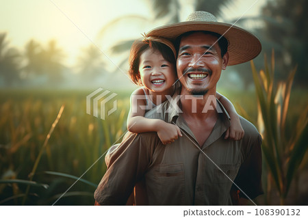 Farmer and his son with sunset agricultural landscape. Man and a boy in a countryside field. Fatherhood, Country life, farming and country lifestyle. Generative Ai. 108390132