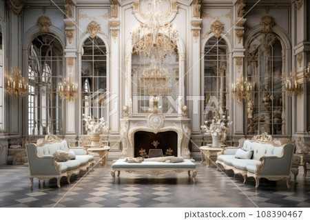 Luxurious vintage interior with fireplace in the aristocratic style. Large Windows and mirrors. Columns and arches, ornament on the glossy floor 108390467