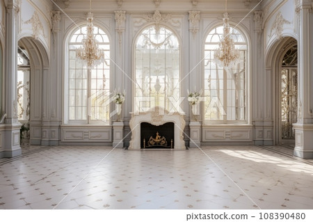 Luxurious vintage interior with fireplace in the aristocratic style. Large Windows and mirrors. Columns and arches, ornament on the glossy floor 108390480