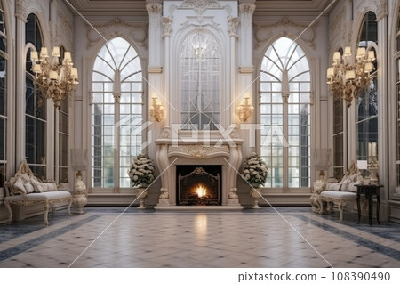 Luxurious vintage interior with fireplace in the aristocratic style. Large Windows and mirrors. Columns and arches, ornament on the glossy floor Luxurious vintage interior with fireplace in the aristocratic style. Large Windows and mirrors. Columns and arches, ornament on the glossy floor 108390490
