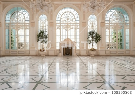 Luxurious vintage interior with fireplace in the aristocratic style. Large Windows and mirrors. Columns and arches, ornament on the glossy floor Luxurious vintage interior with fireplace in the aristocratic style. Large Windows and mirrors. Columns and arches, ornament on the glossy floor 108390508