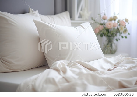 Comfortable soft pillows on the bed. Close-up white bedding sheets and pillow on light wall room background. Fresh bed concept Comfortable soft pillows on the bed. Close-up white bedding sheets and pillow on light wall room background. Fresh bed concept 108390536