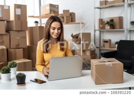 Woman packing for shipping drop in living room, Online shopping work from home 108391220