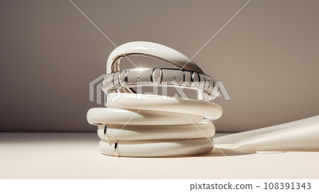 Stack of white bracelets on a wooden table. Close-up of the bracelets. Stack of white bracelets on a wooden table. Close-up of the bracelets. 108391343