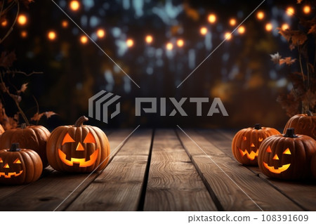 Wooden deck floor on the background of halloween theme background. Generative AI 108391609