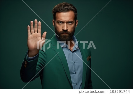 Photo of expression on his face man wearing suit. Generative AI 108391744