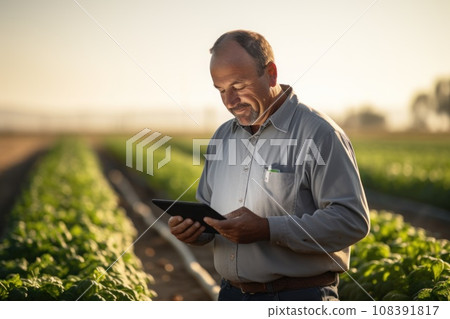 Close-up portrait agronomist examining crop health using a tablet in a sunlit field. Generative AI Close-up portrait agronomist examining crop health using a tablet in a sunlit field. Generative AI 108391817
