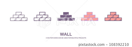 Wall icon of 5 types. brick icon vector. Isolated vector sign symbol. Brick wall icon vector, filled flat sign, solid pictogram isolated on white. Symbol, logo illustration. Wall icon of 5 types. brick icon vector. Isolated vector sign symbol. Brick wall icon vector, filled flat sign, solid pictogram isolated on white. Symbol, logo illustration. 108392210