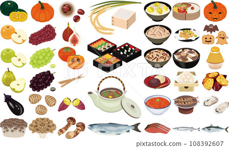 Illustrations of autumn tastes and dishes ① (new rice, saury, matsutake mushrooms, grilled sweet potatoes, grapes) 108392607