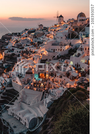 Evening view of Oia in Santorini, Greece, said to be the best sunset view in the world Evening view of Oia in Santorini, Greece, said to be the best sunset view in the world 108393057