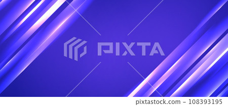 Glowing diagonal lines background. Deep blue neon gradient stripes wallpaper. Abstract motion effect light trails backdrop for banner, poster, presentation, cover, booklet, brochure, flyer. Vector 108393195