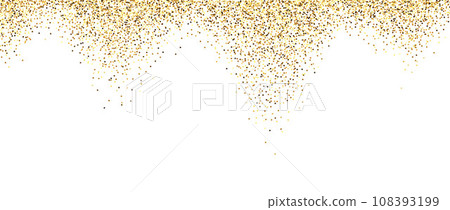Golden glitter background. Falling small confetti wallpaper. Sparkling gold dots texture. Border frame design element for posters, flyer, invitation, Christmas, New year, birthday decoration. Vector 108393199