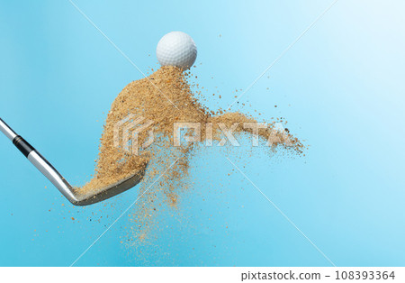 Golf ball tee explode from sand bunker. Golfer hit ball with club to sand explosion to summer sky. Golf club hit ball tee in sand wedge bunker explosion. Blue sky background isolated freeze motion Golf ball tee explode from sand bunker. Golfer hit ball with club to sand explosion to summer sky. Golf club hit ball tee in sand wedge bunker explosion. Blue sky background isolated freeze motion 108393364